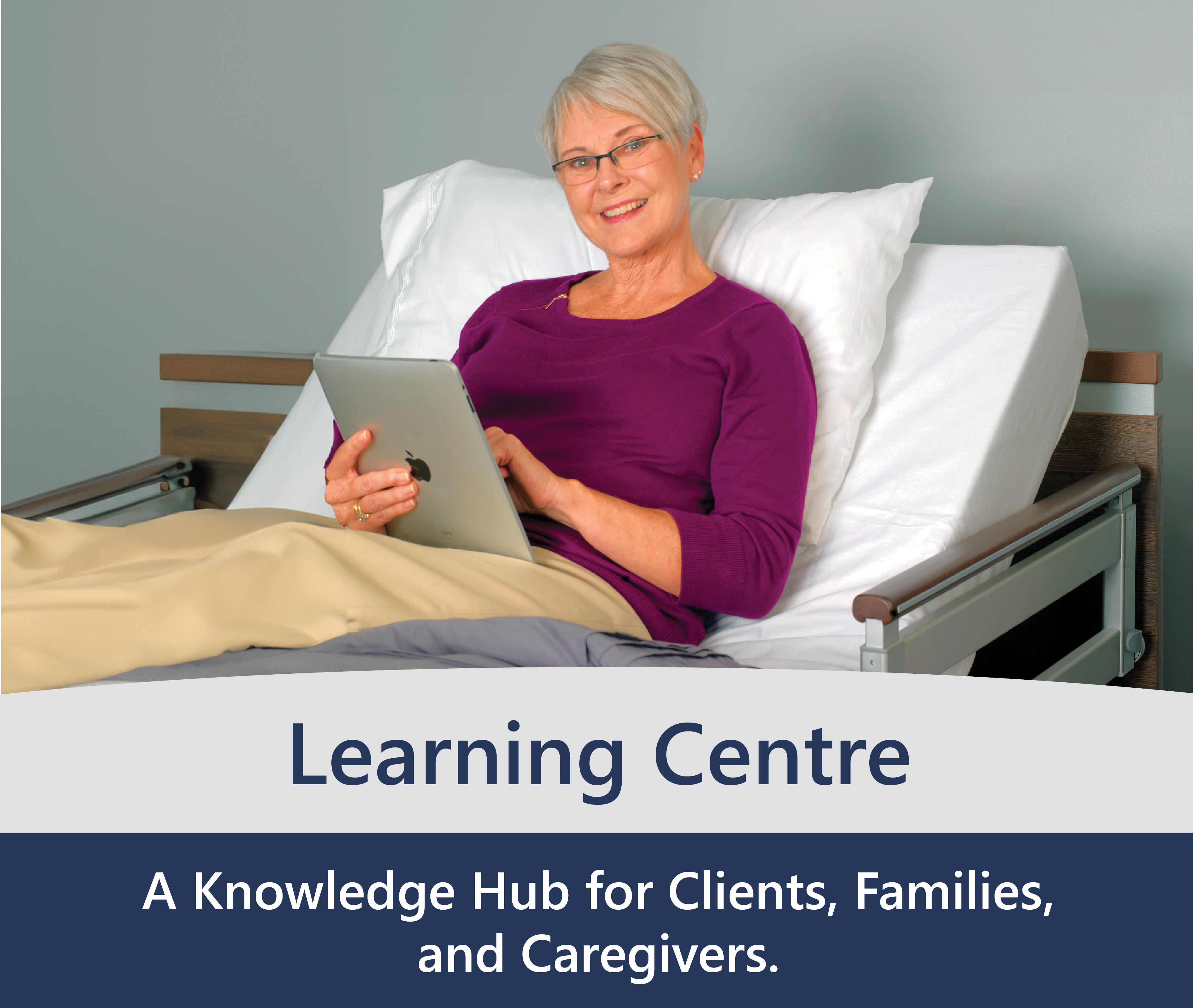 Older woman with short gray hair and glasses sits up in a hospital bed, smiling as she reads a newspaper. A white circle to the left highlights "Resources," offering helpful support during her stay.