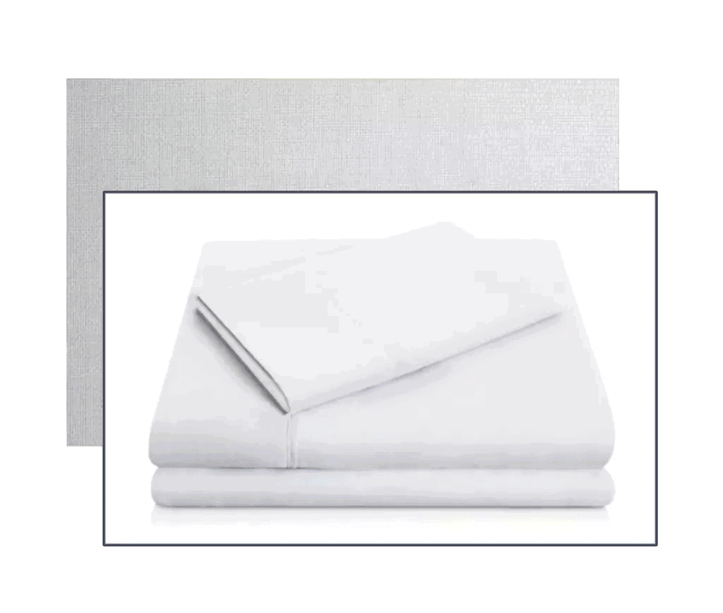 a white sheet set with a blue background.