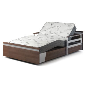 A SonderCare Aura™ premium hospital bed with a wooden headboard and footboard.