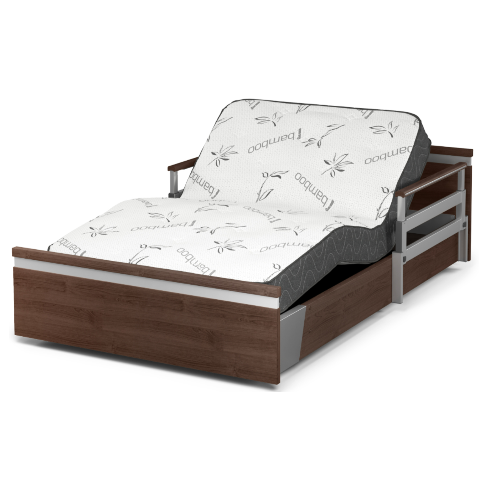 A wide 48" bed with a wooden frame and a SonderCare. Aura™ Wide Hospital Bed – Extra Wide Home Hospital Bed – Large Hospital Bed For Home with mattress.