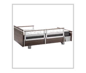 a bed with two rails and a mattress on top of it.