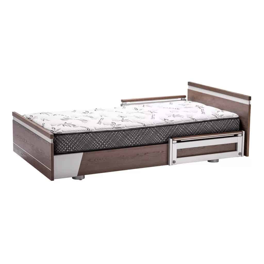 a bed with a drawer underneath it.