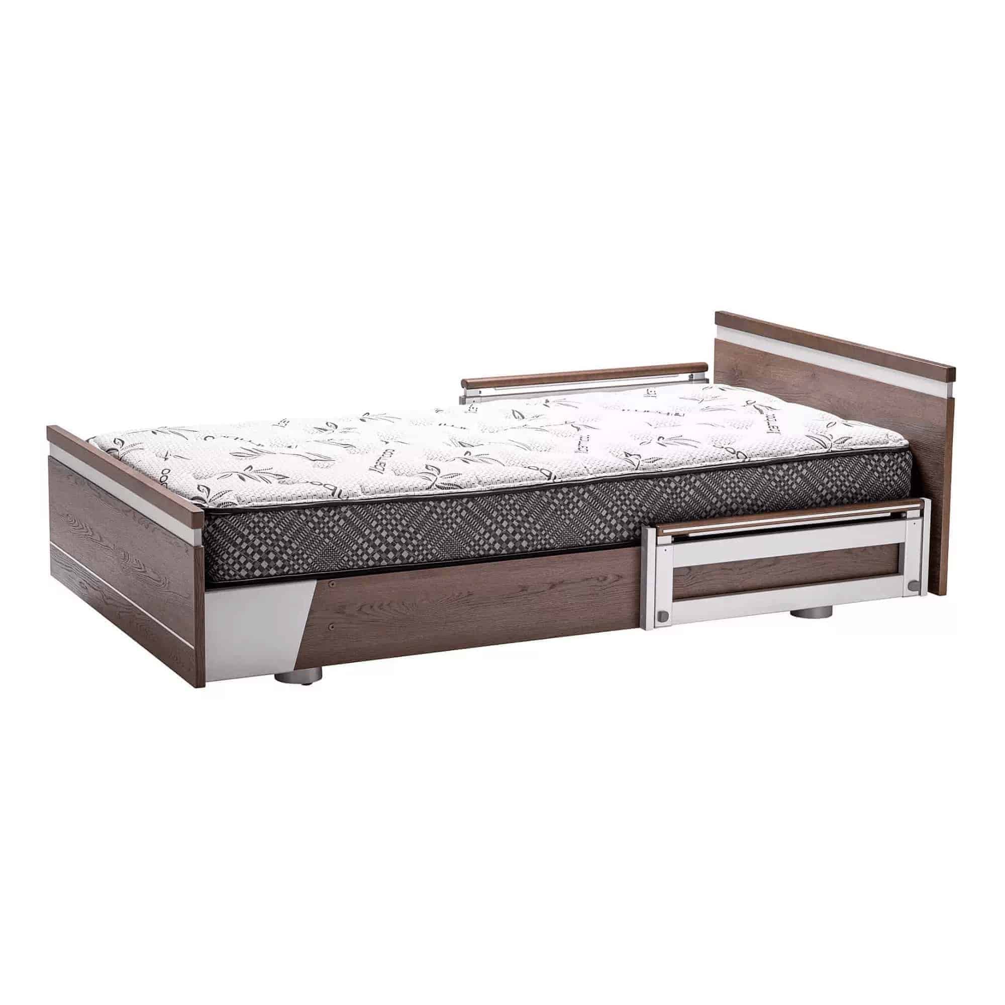 a bed with a drawer underneath it.