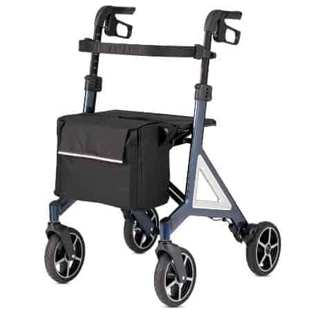 a walker with wheels and a bag on it.
