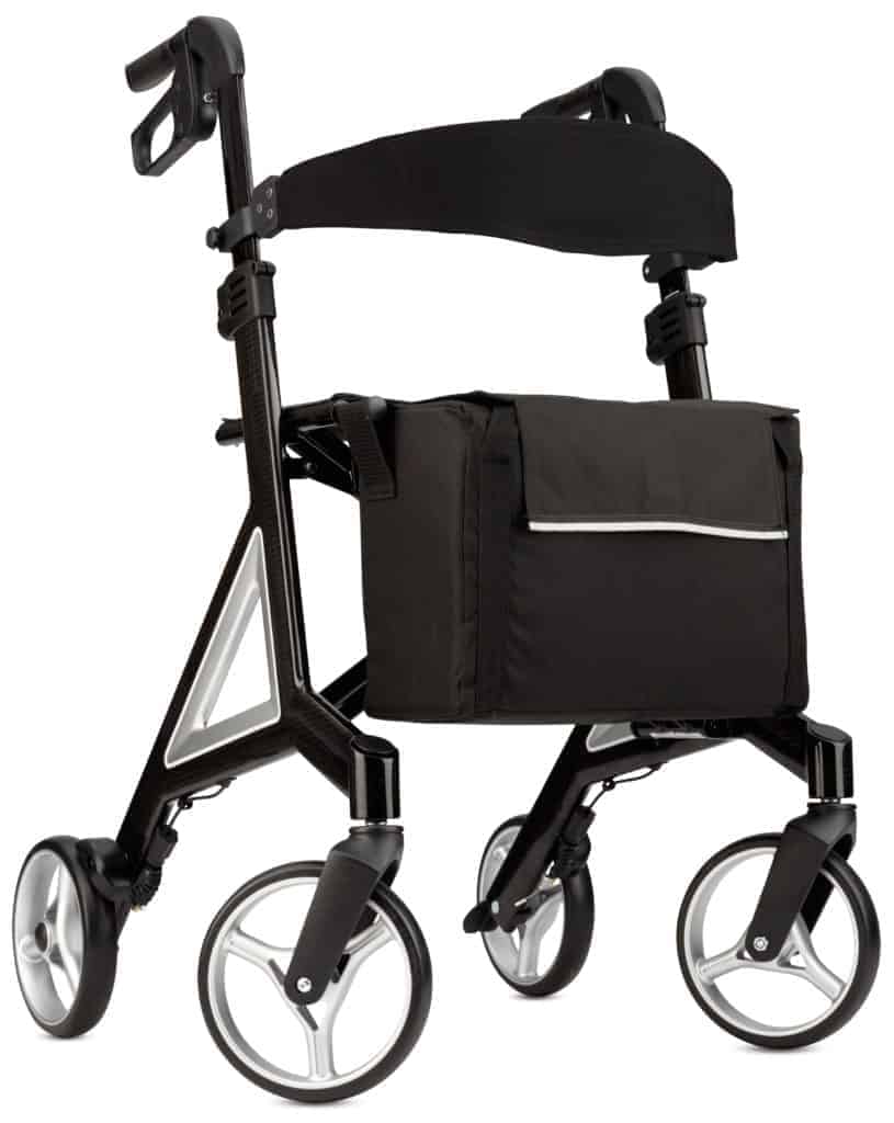 a rollator with wheels and a bag on it.