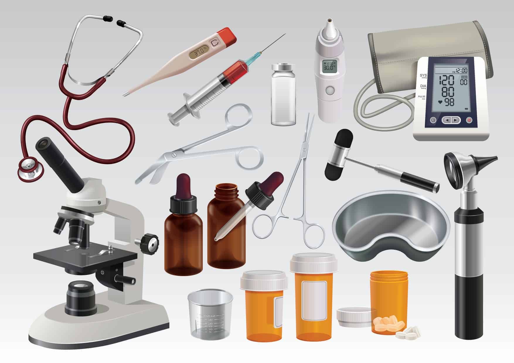 a collection of medical items including a microscope, a stethoscope, a.