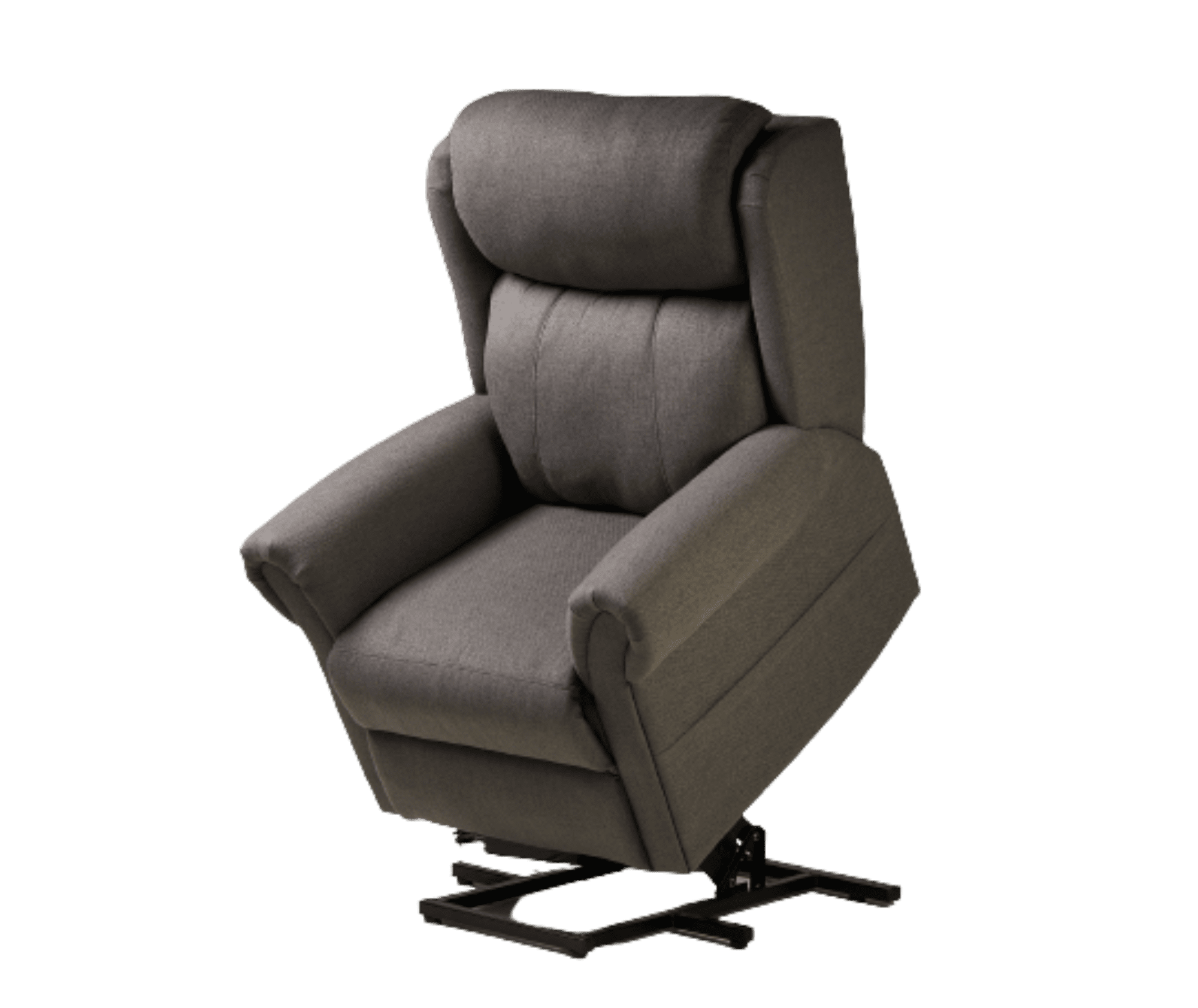 a grey reclining chair with a black base.