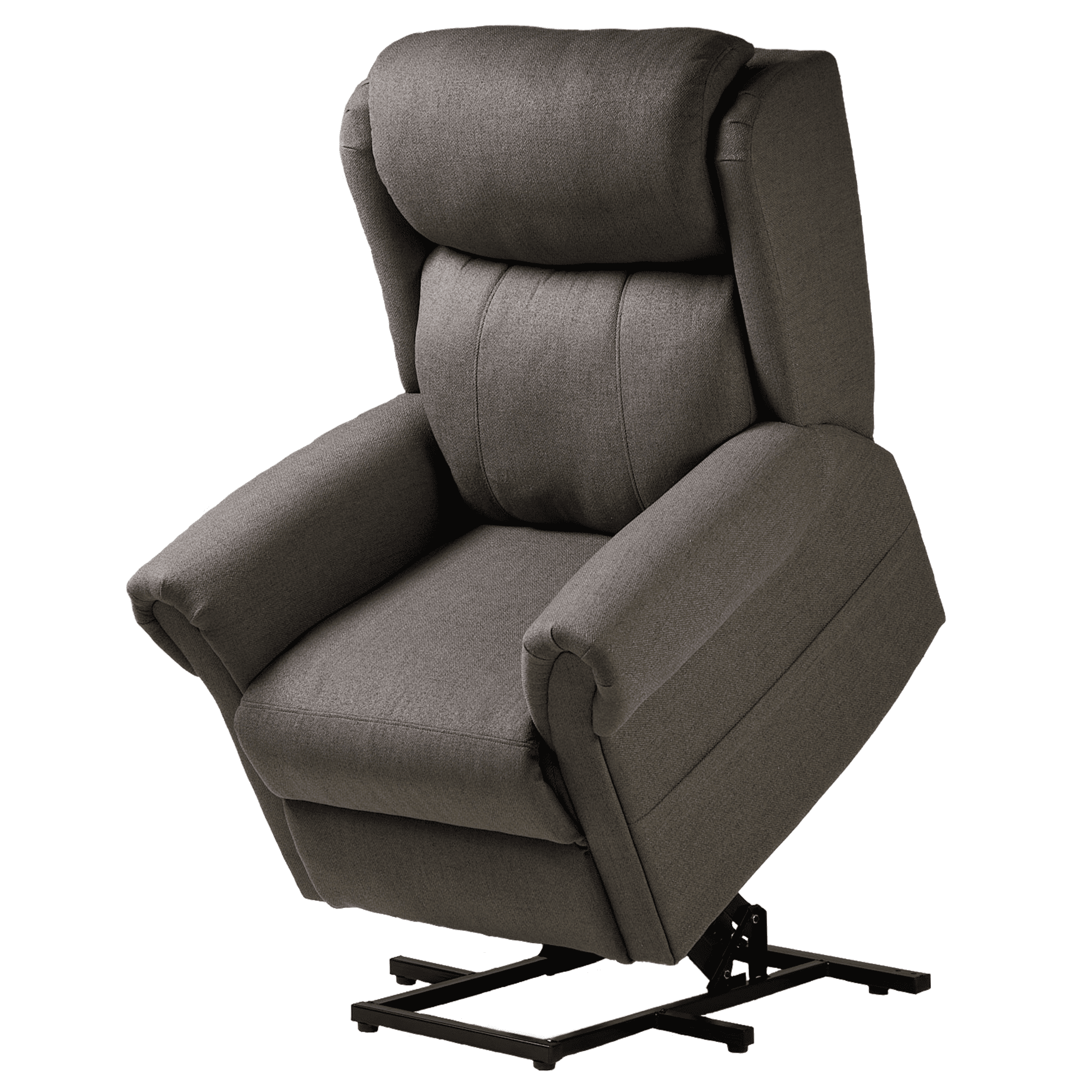 a grey reclining chair with a black base.