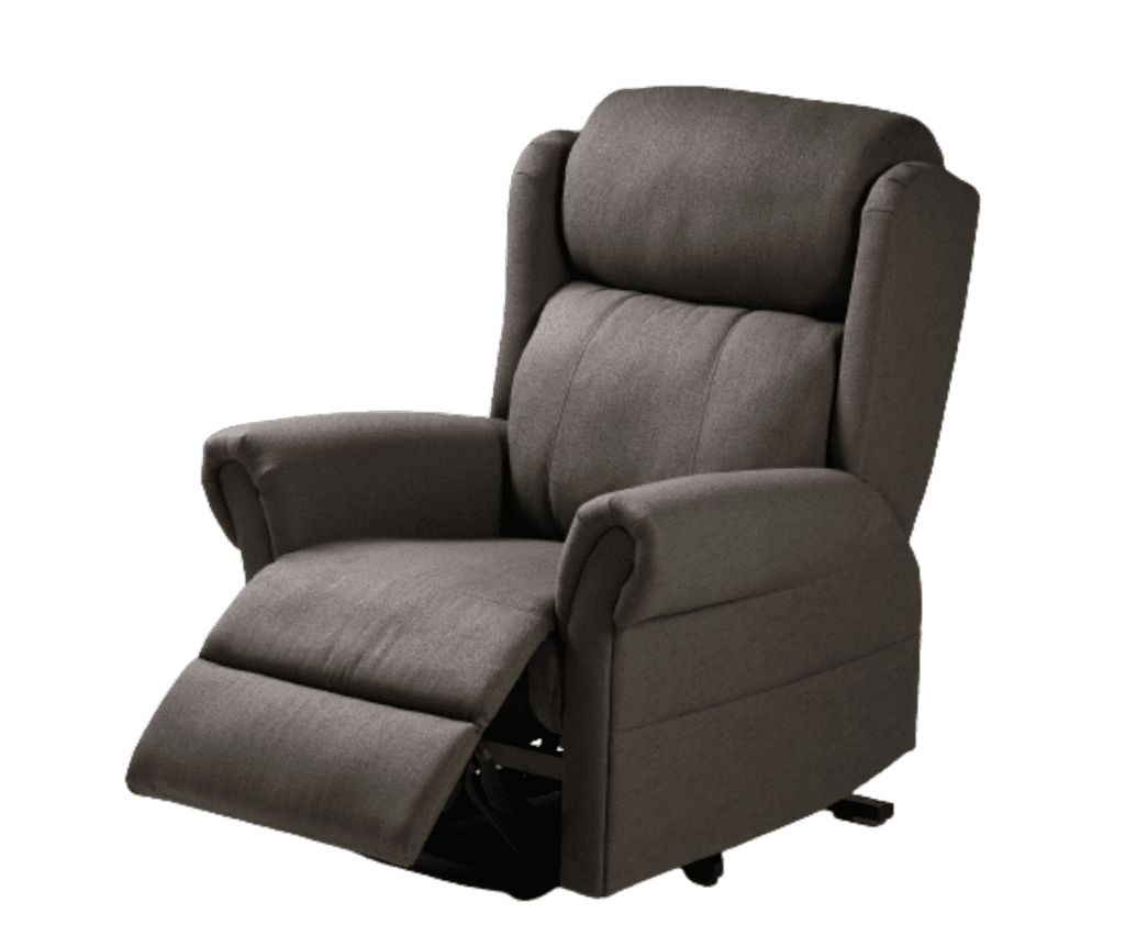 a grey recliner chair with a black base.