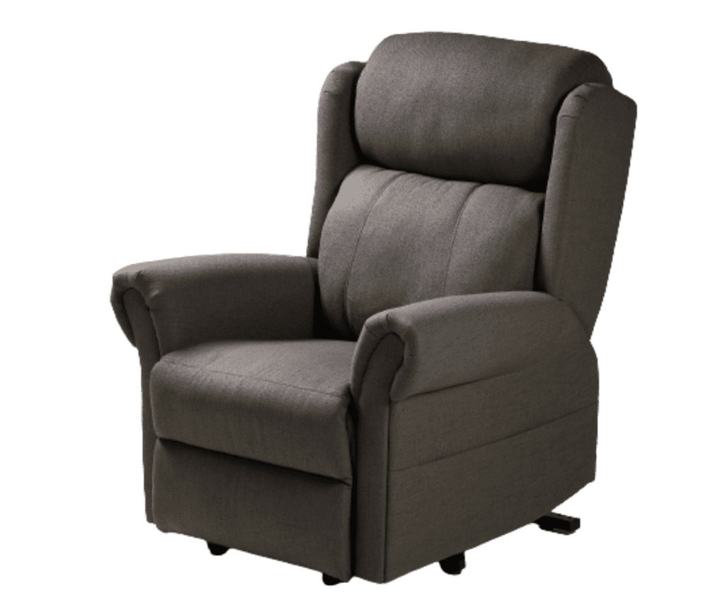 a gray recliner chair with a black base.