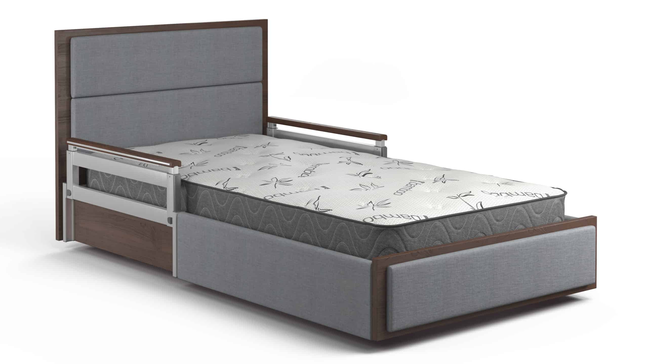 a bed frame with a mattress and headboard.