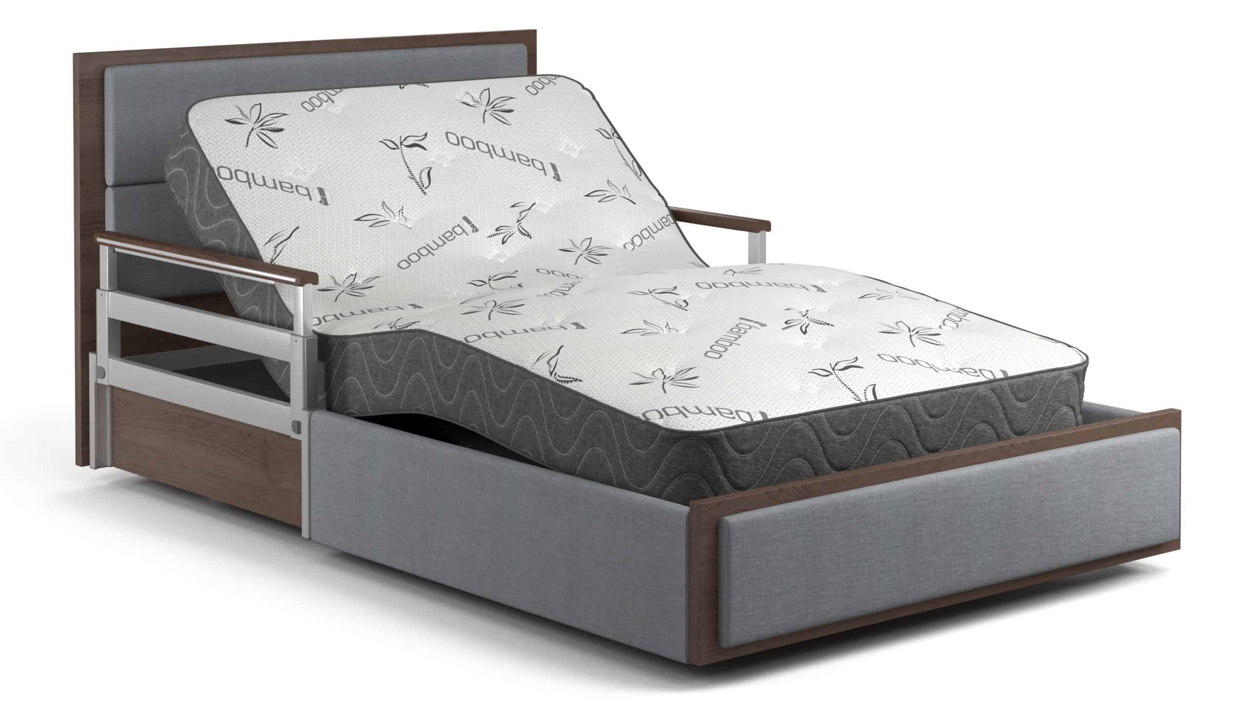 a bed with a mattress and a pull out bed frame.