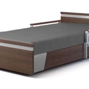 a bed with a wooden headboard and foot board.