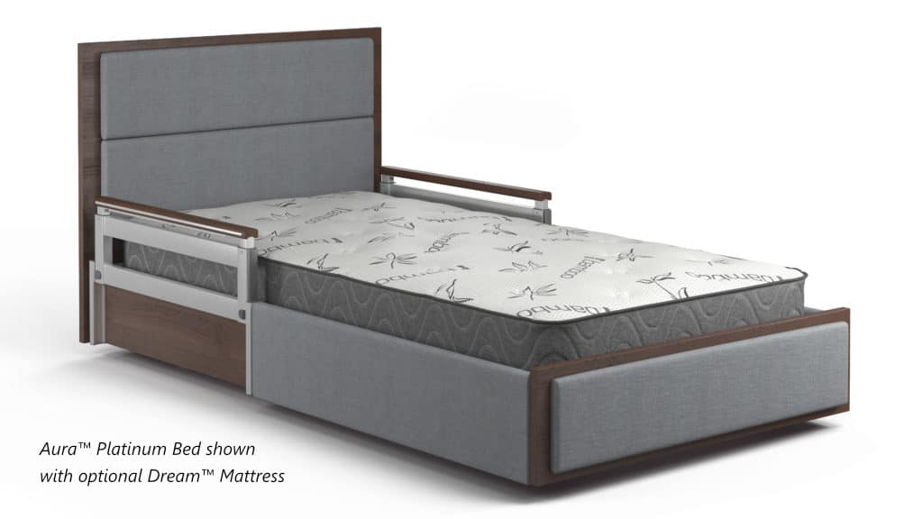 an image of a platinum hospital bed with a mattress and headboard.