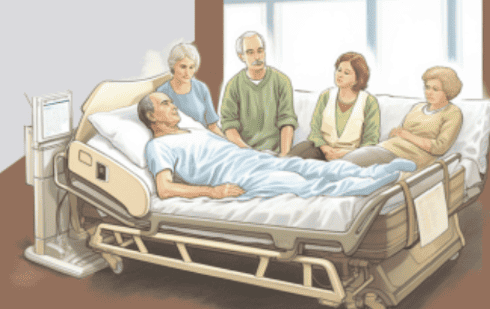 a group of people sitting around a man in a hospital bed.