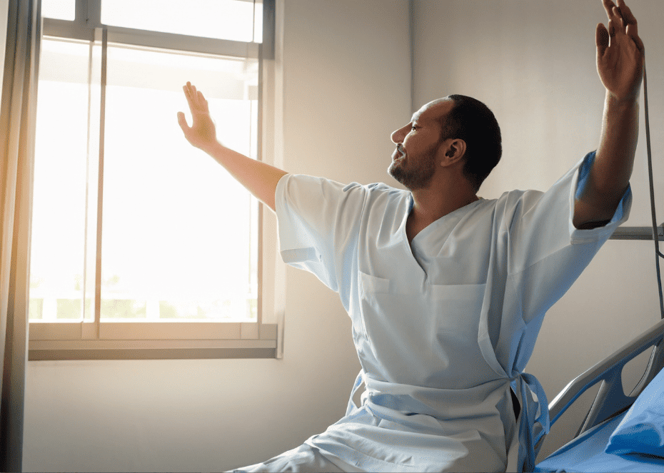 a man finally rising from a hospital bed to face the day