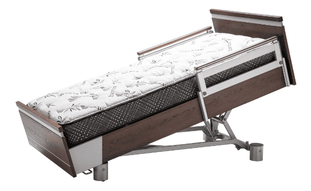 a bed frame with a mattress on top of it.