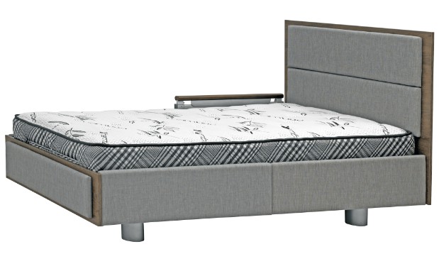 a bed with a grey headboard and footboard.