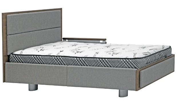 a grey bed with a wooden headboard and footboard.