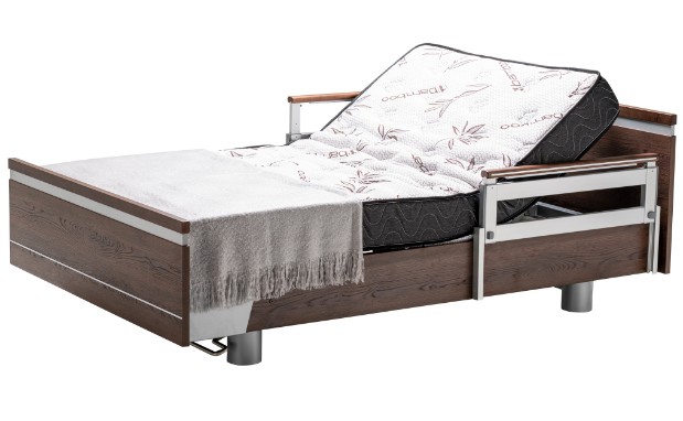 a bed with a wooden frame and a mattress.