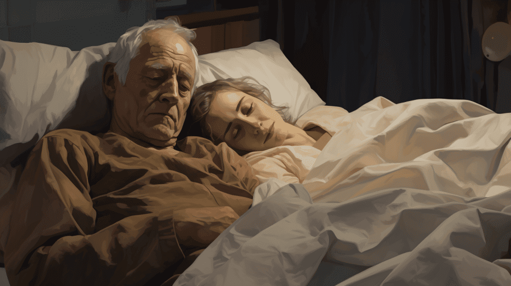 A couple experiencing age-related differences in sleep temperature and comfort while sleeping.