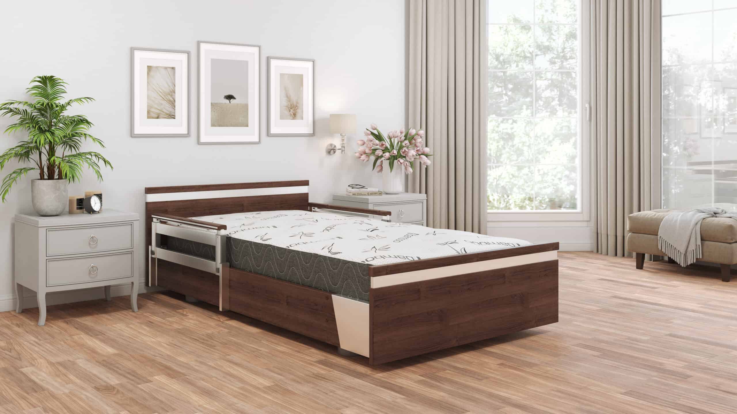 A bed in a room with hardwood floors.