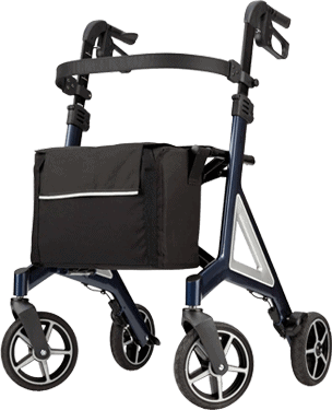 A blue walker with wheels and a black bag.