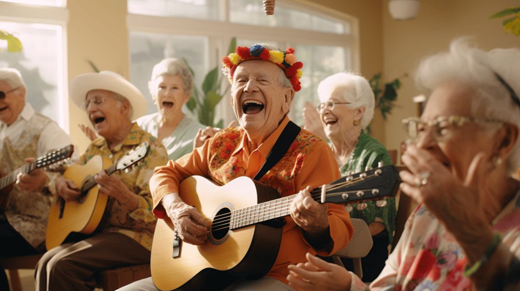 A group of elderly people singing and playing guitar in a memory care program.