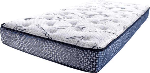 A blue and white mattress on a white background.