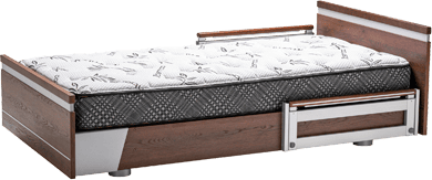 A hospital bed with a Aura Platinum 39 Upwork mattress and drawers.