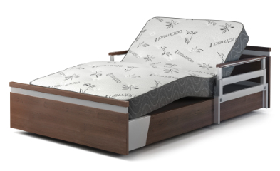 A bed with a wooden frame and a mattress.