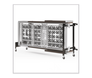 A stainless steel cart with a glass door.