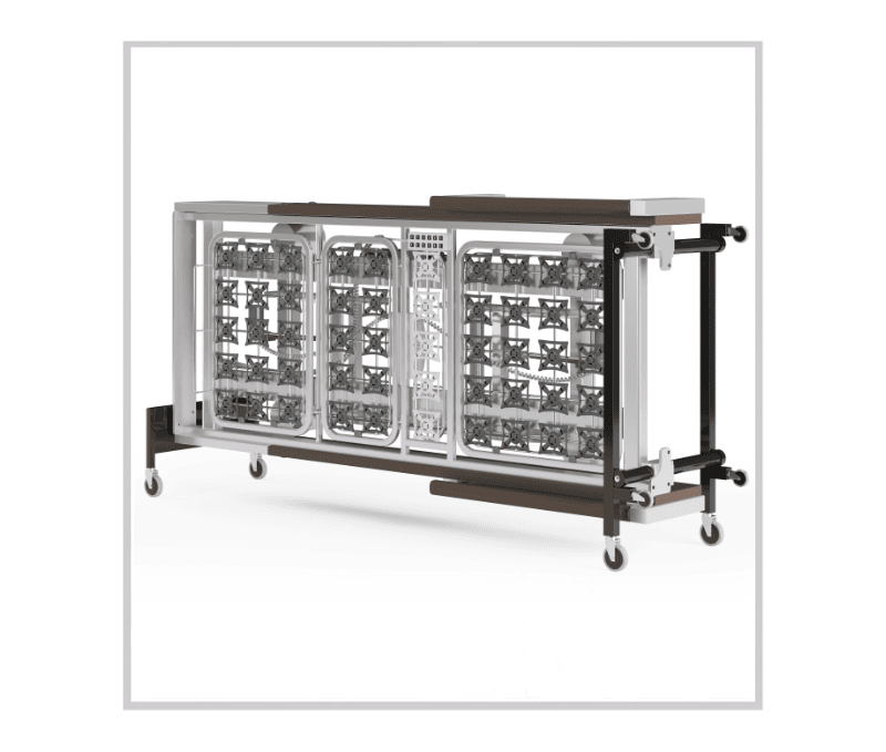 A stainless steel cart with a glass door.