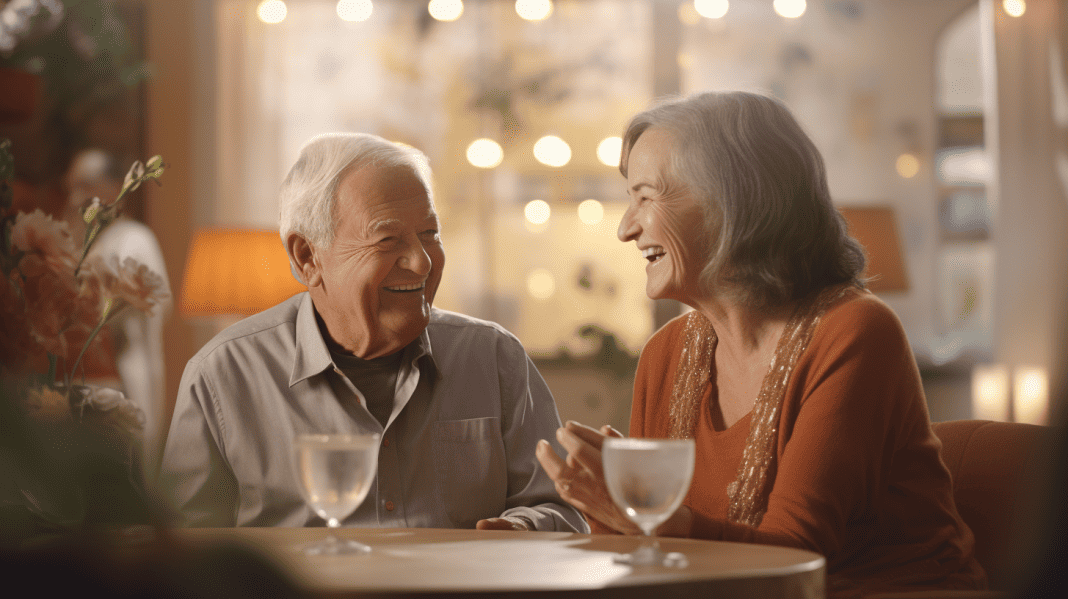 An older couple laughing at a table.