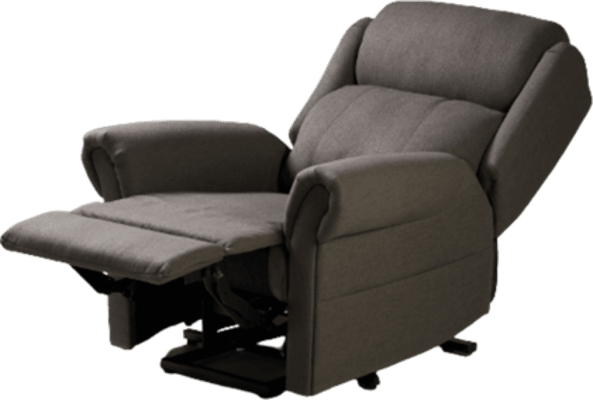 A grey recliner chair with a footrest.