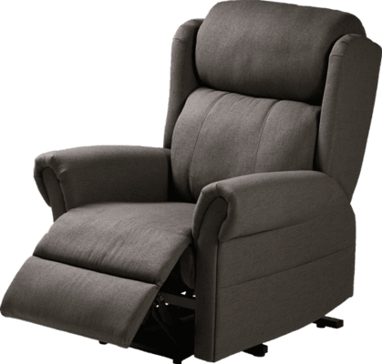 A grey recliner chair with a headrest and footrest.