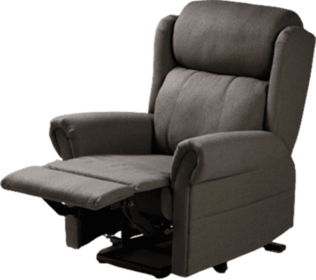 A grey recliner chair with a footrest.