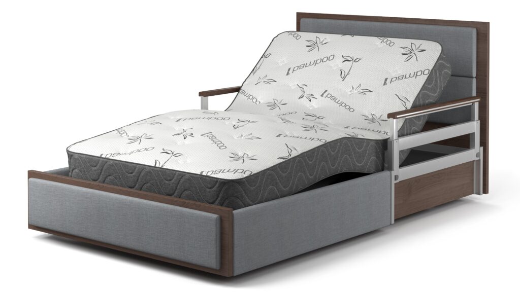 A single bed with a mattress on top, a product.