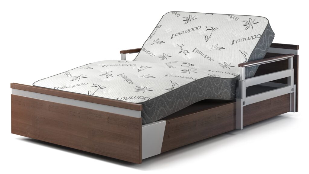 A bed with a wooden frame and a mattress. This single product, designated as APr39, encompasses both the durable wooden frame and comfortable mattress for a complete sleeping solution.