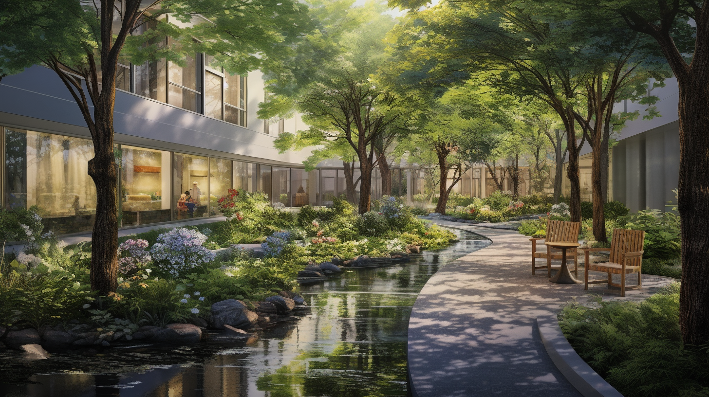 An artist's rendering of a courtyard with trees and plants.