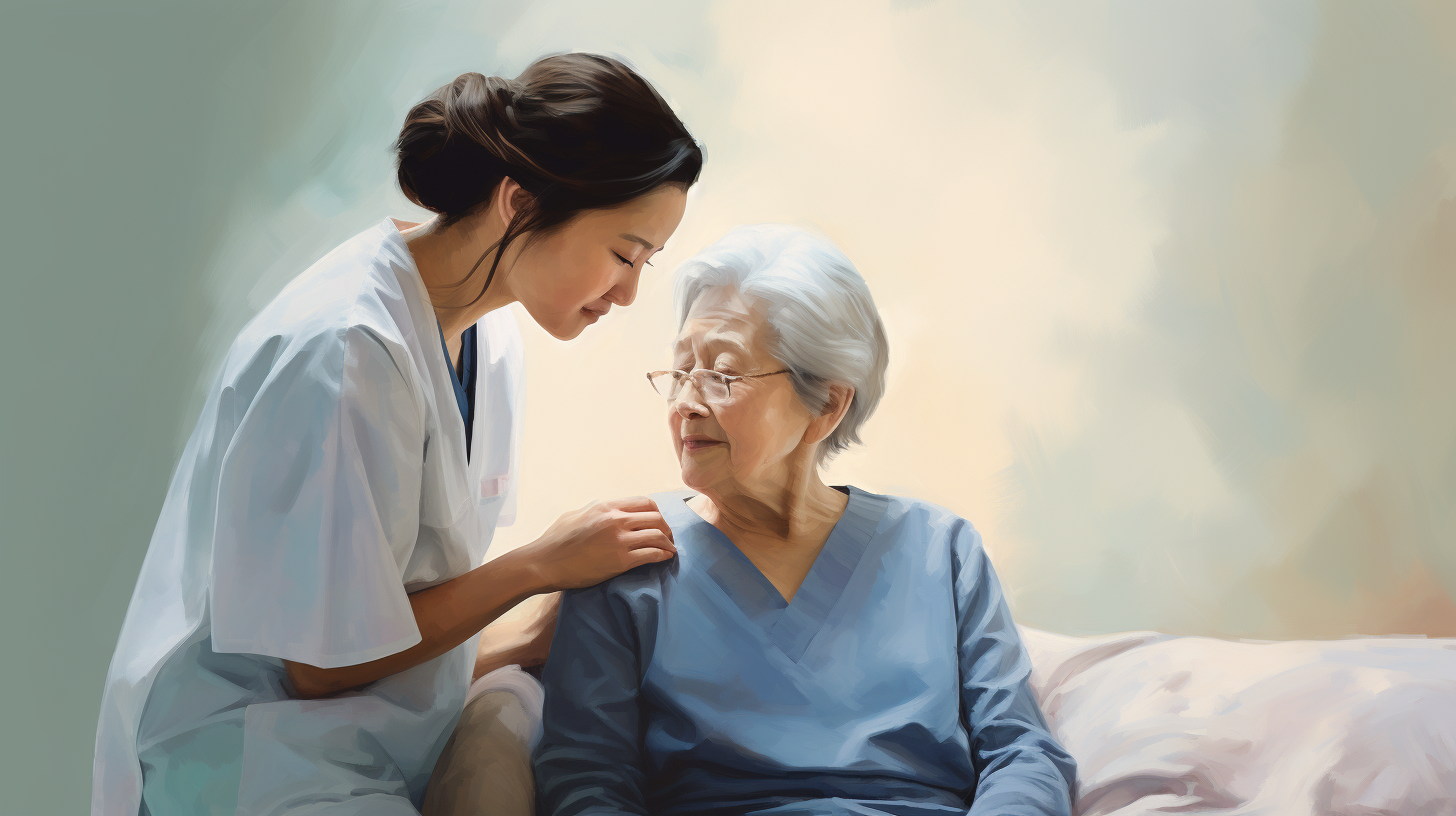 A nurse is implementing effective strategies for dealing with an elderly woman with dementia on a bed.