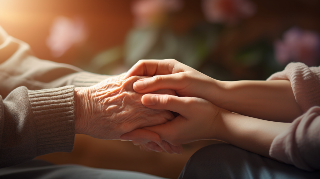 A woman holding an elderly person's hand.