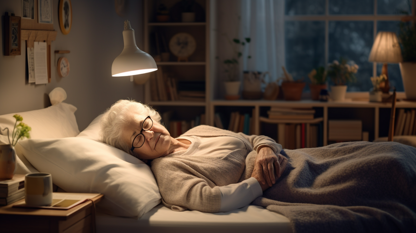 An elderly woman is laying in bed at night.