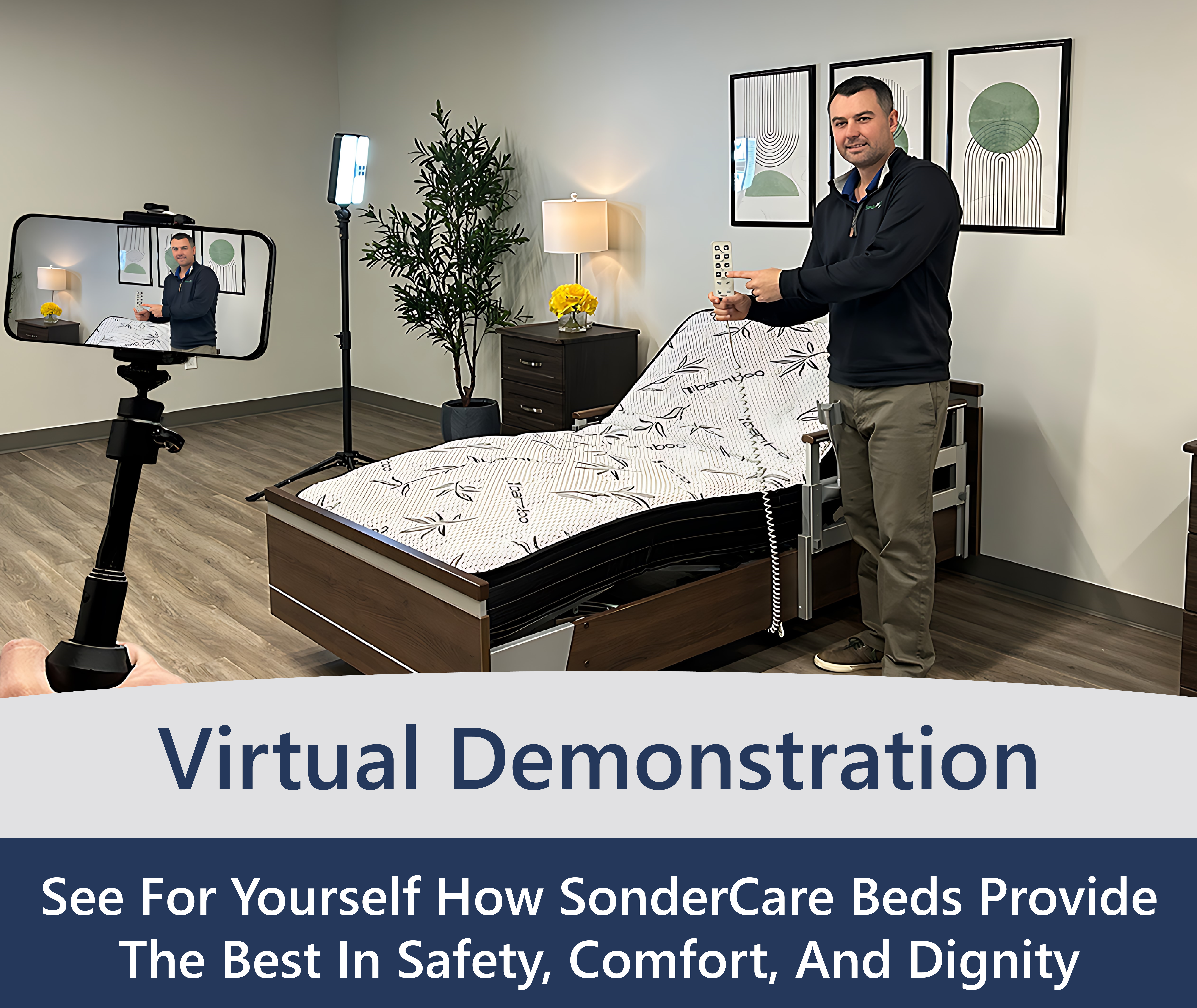 An important man standing in front of a bed with the words virtual demonstration.