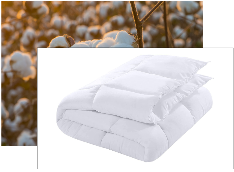 Stacked white comforters superimposed on a cotton field background, showcased as a single product in Elementor #15395.
