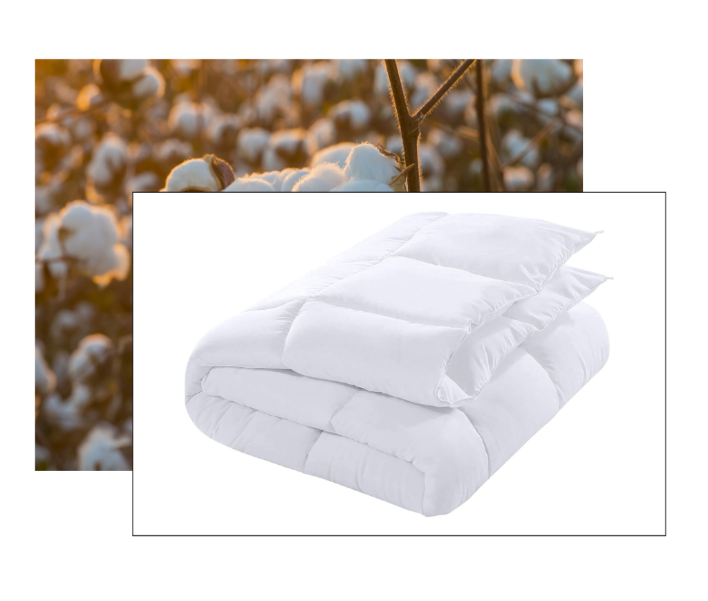 A white cotton comforter with a cotton field in the background, ideal for home hospital beds.