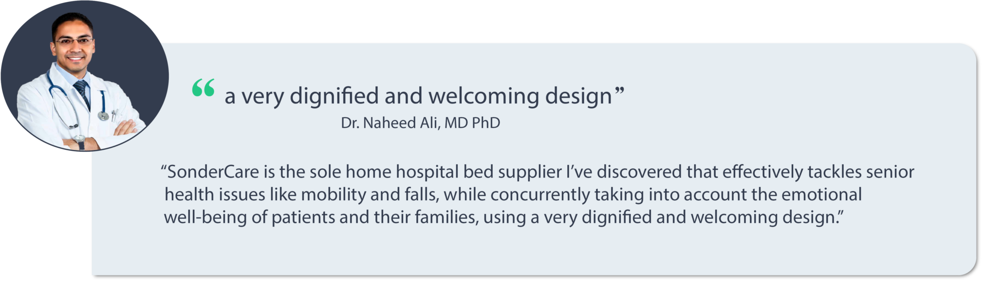 A doctor in a lab coat provides a positive testimonial about a single product from a hospital bed supplier.