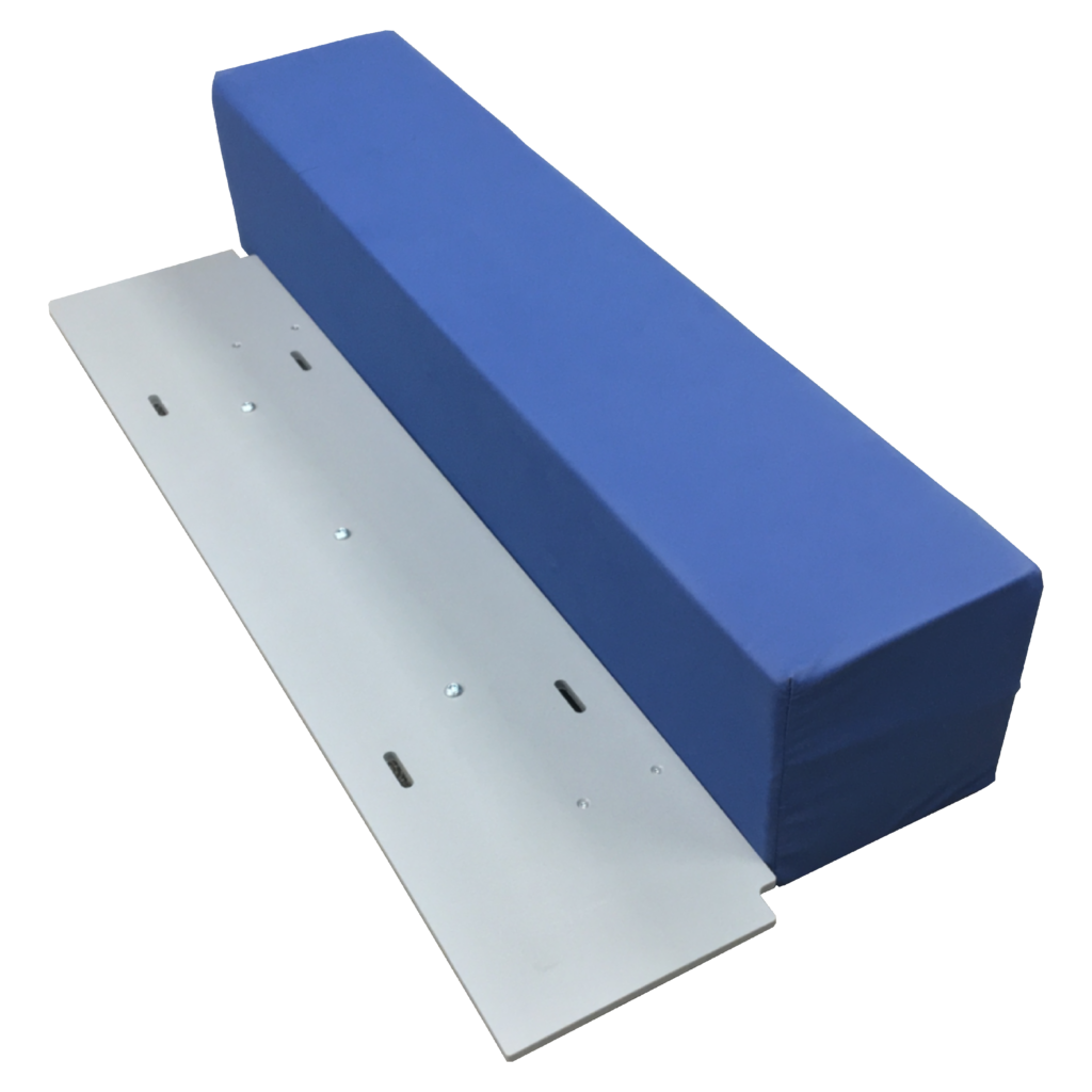 Single Product: Blue gymnastics balance beam pad with its metal base, Elementor #15395.
