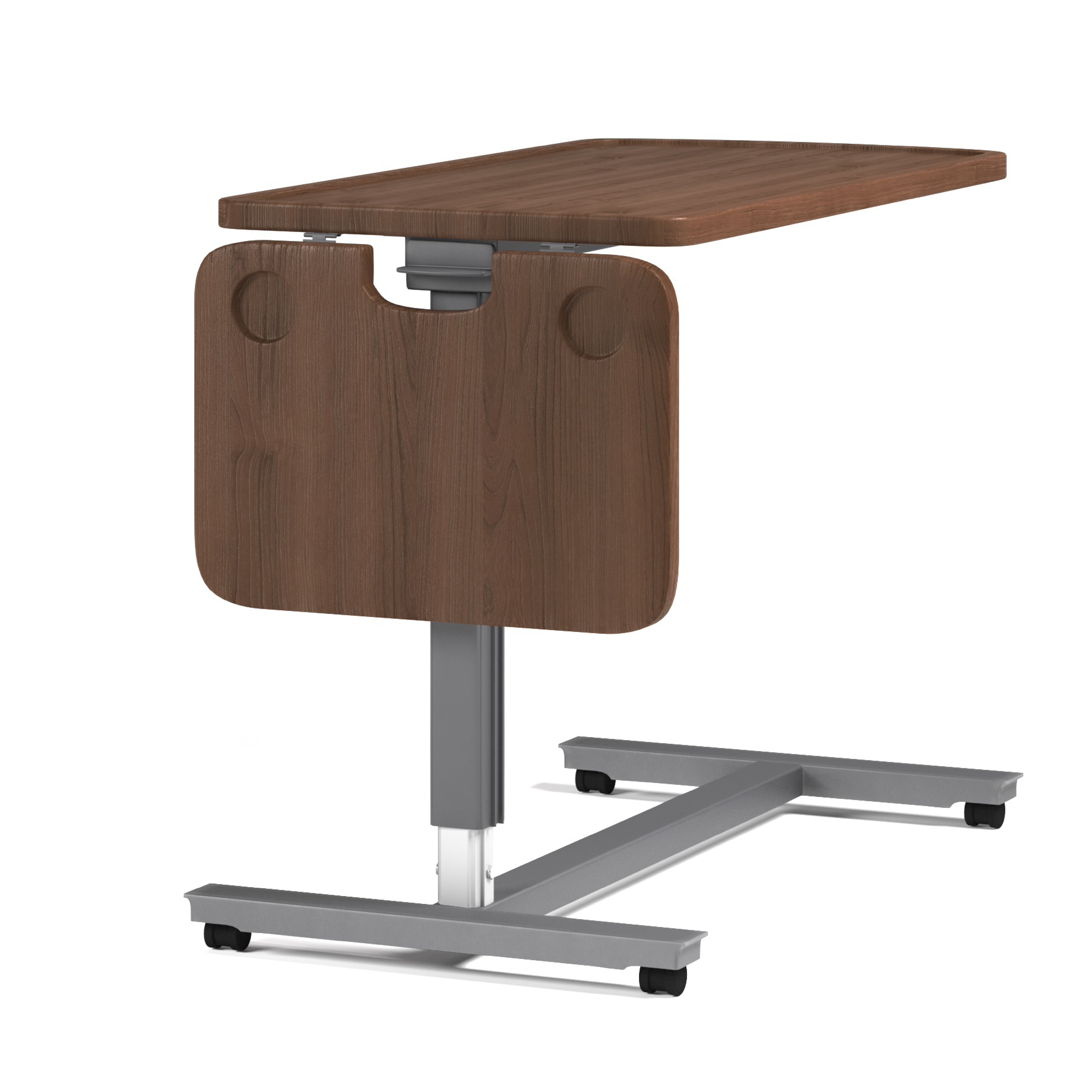 Adjustable overbed table with a tilting wooden top and wheeled base, ideal for #15395.