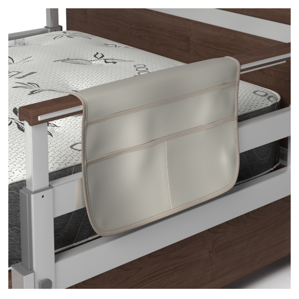 A bed caddy hanging off the side of a single product wooden bed rail.